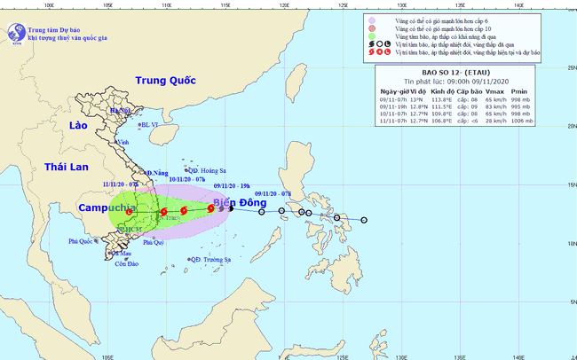Bão số 12 cách bờ biển Bình Định - Ninh Thuận khoảng 450km