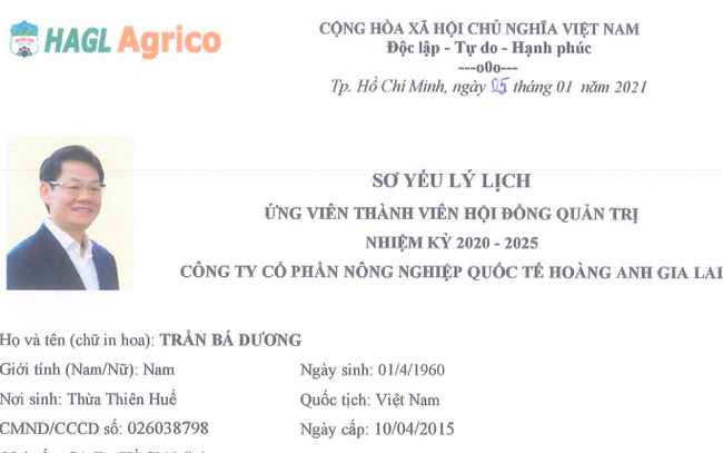 HAGL Agrico: Tỷ phú Trần Bá Dương ứng cử vào HĐQT, nhiều biến động lớn về nhân sự cấp cao sắp diễn ra HAGL Agrico: Tỷ phú Trần Bá Dương ứng cử vào HĐQT, nhiều biến động lớn về nhân sự cấp cao sắp diễn ra