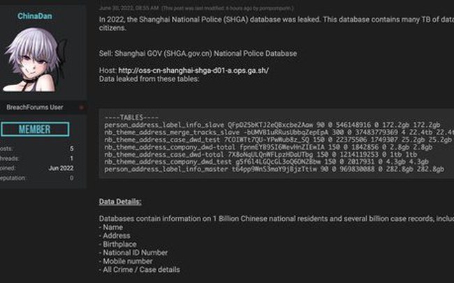 Hacker tuyên bố lấy trộm được dữ liệu 1 tỷ công dân Trung Quốc, rao bán trên mạng với giá gần 200.000 USD