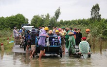 Người dân Quảng Nam dùng xe bò chở xe máy vượt lũ