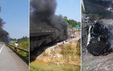 Xe bồn chở dầu bốc cháy dữ dội ở cao tốc Nội Bài - Lào Cai