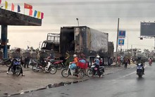 Xe tải và container đậu sát cây xăng bốc cháy ngùn ngụt ở Quảng Nam