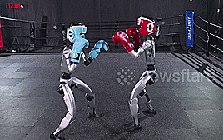 Robot hình người hăng say tập luyện trên võ đài, tung cú đấm như võ sĩ