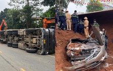 Hiện trường vụ xe đầu kéo đang đi thì đổ ra đường, đè 2 phụ nữ tử vong ở Phú Thọ