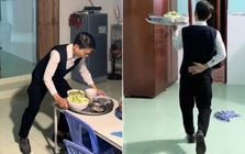 Mặc gile đen bưng mâm cơm "chuẩn 5 sao" giữa gian nhà quê, thanh niên khiến người xem đòi kiểm tra bảng điểm