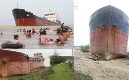 Ảnh: Những con tàu khổng lồ đang mắc cạn trên biển Nghệ An sau bão Talas