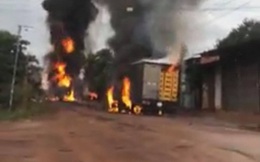 Nóng: Vừa tiếp xăng xong, xe bồn bốc cháy dữ dội rồi phát nổ lan sang xe tải ở Bình Phước