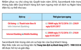 Sacombank sẽ tạm ngưng dịch vụ internet banking và mobile banking từ tối 31/12 đến tối 01/01