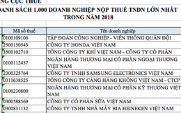 Tổng cục Thuế công bố 1.000 doanh nghiệp nộp thuế lớn nhất Việt Nam 2018