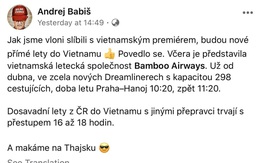 Thủ tướng Séc ủng hộ đường bay Hà Nội - Praha của Bamboo Airways trên Facebook cá nhân