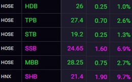 Cổ phiếu ngân hàng bứt phá mạnh, SSB và SHB tiếp tục tăng kịch trần