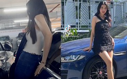 Bị xe bên cạnh 'kèm chặt', Á hậu Thúy Vân tiện 'khoe' thân hình mảnh mai khi cố bước vào trong chiếc Jaguar tiền tỷ