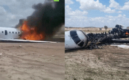 Máy bay chở một bộ trưởng cùng khoảng 20 người khác trượt khỏi đường băng, gần như cháy thành tro