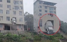 Xe tải đâm xuyên tường tầng 2 tòa nhà, hình ảnh đầu xe mắc kẹt giữa không trung gây sốc