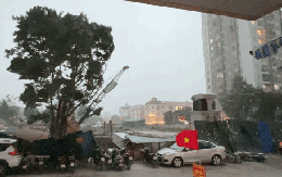 Hà Nội mưa dông mạnh, gió thổi bạt người đi xe máy, trời tối sầm rồi mưa như trút