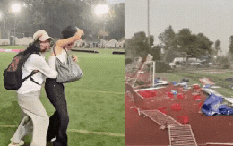 Sân bóng tại Hà Nội tan hoang do mưa dông dữ dội, mỹ nhân bóng đá bị gió thổi ngã dúi dụi