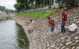 Sông Tô Lịch được bổ cập nước từ Hồ Tây, người dân mang vợt, cần câu đánh bắt cá