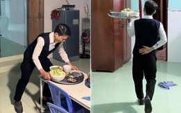 Mặc gile đen bưng mâm cơm "chuẩn 5 sao" giữa gian nhà quê, thanh niên khiến người xem đòi kiểm tra bảng điểm