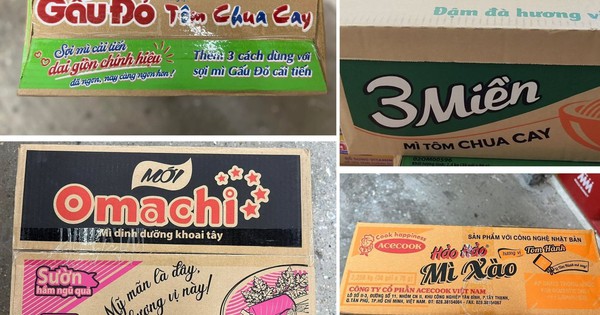 テープなしで包装された麺の箱から、3つのミエン麺の農村市場での最初の位置まで