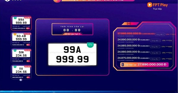Biển ô tô "ngũ quý" 99A-999.99 trúng đấu giá gần 28 tỷ
