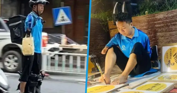 Người đàn ông 30 tuổi mất cả hai tay vẫn giao đồ ăn, viết thư pháp bằng chân nuôi sống gia đình